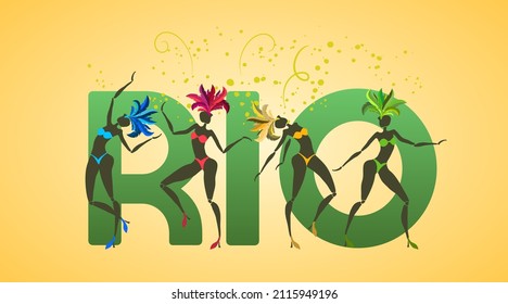 Brazilian carnival banner, silhouettes of four dancing girls, traditional samba festival in Rio, vector template