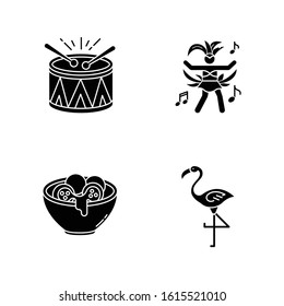 Brazilian carnival black glyph icons set on white space. Traditional music. Arancini. Festive drum parade. National festival. Samba. Local cuisine. Silhouette symbols. Vector isolated illustration