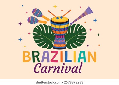 Brazilian carnival. Bright colorful poster with musical instruments