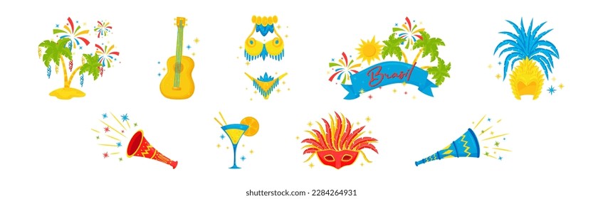 Brazilian Carnival Bright Symbols and Elements with Palm and Feathered Dress Vector Set