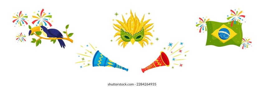 Brazilian Carnival Bright Symbols and Elements with Feathered Mask, Trumpet, Flag and Toucan Bird Vector Set