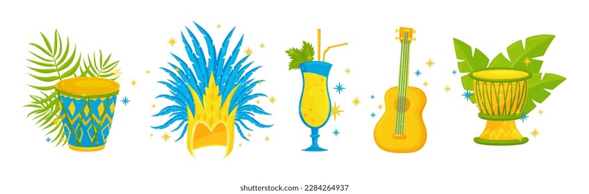 Brazilian Carnival Bright Symbols and Elements with Drum, Cocktail and Guitar Vector Set