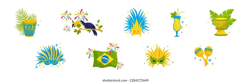 Brazilian Carnival Bright Symbols and Elements with Mask, Drum, Flag and Maraca Vector Set