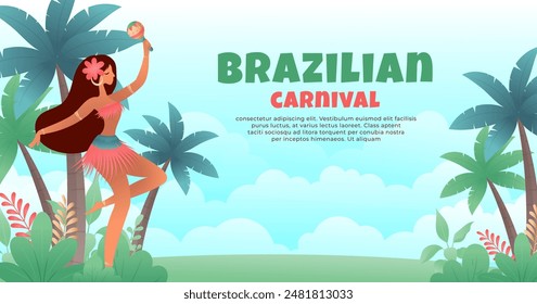 Brazilian carnival cartoon banner template, a girl dancing samba with tropical plants and blue sky background