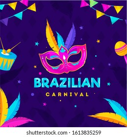 Brazilian Carnival Celebration Concept with Party Mask, Drum, Maracas and Colorful Feather Decorated on Purple Rhombus Pattern Background.