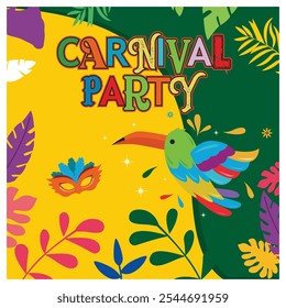 Festa de carnaval brasileira com folha de primavera pássaro tucano. Festa festiva com máscaras de penas. Conceito de festa de carnaval. Ilustração de vetor plano.