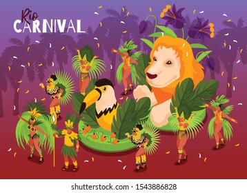 Brazilian carnival celebrations isometric  composition with fabulous dancers costumes huge lion toucan floats festive background vector illustration 