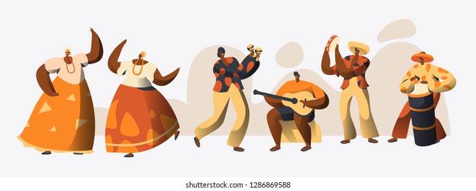 Brazilian Carnival Character Dancer Set. Woman Dance in Traditional Brazil Costume at National Holiday Celebration. Man Play Music Guitar. Exotic People Parade Flat Cartoon Vector Illustration