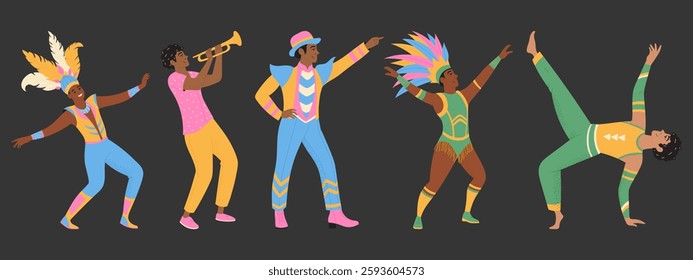 Brazilian carnival character set. Various people in festival costumes. Modern vector illustration.