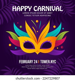 Brazilian carnival, colorful mask and feather illustration with blue and purple background  