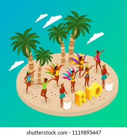 Brazilian carnival concept with dancing people and beach symbols isometric vector illustration