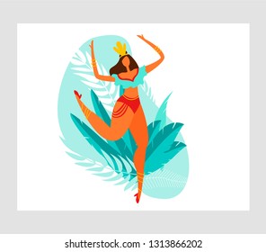 Brazilian Carnival Dancer Character. Woman Dance in Exotic Feather Costume at Rio de Janeiro Happy Holiday Celebration. Flat Cartoon Vector Illustration