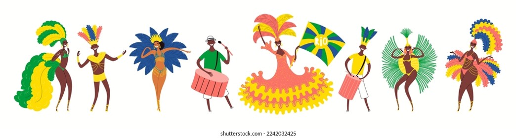 Bailarines del carnaval brasileño, tambores, abanderados con trajes, aislados en blanco. Dibujo manual de personajes de dibujos animados ilustraciones vectoriales. Concepto del carnaval de Brasil, elemento de diseño para afiche, volante, banner