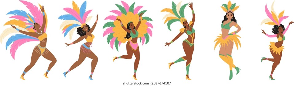 Brazilian carnival dancers. Set of women characters in festival costumes. Modern vector illustration.