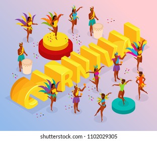 Brazilian carnival with dancing people and fun symbols isometric vector illustration