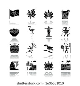 Brazilian carnival drop shadow black glyph icons set. Street party. South America traditions. Flamingo. Jesus statue. Sand castle on the coast. Isolated vector illustrations on white space