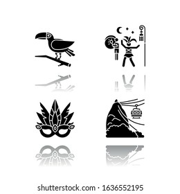 Brazilian carnival drop shadow black glyph icons set. Traditional masquerade. Street party. Masquerade mask. Pão de Açúcar. Ropeway. National festival. Isolated vector illustrations on white space