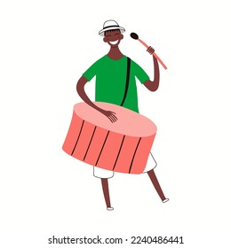 Brazilian carnival drummer playing drum, musician, isolated on white. Hand drawn cartoon character vector illustration. Rio de Janeiro carnival concept, design element for poster, flyer, banner