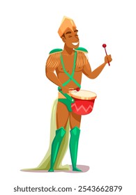 Brazilian carnival drummer in traditional costume. Colorful cartoon male character isolated on white background vector illustration. Brazil festive party banner.