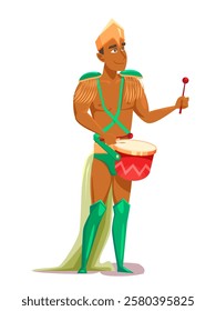 Brazilian carnival drummer in traditional costume. Colorful cartoon male character isolated on white background vector illustration. Brazil festive party banner.