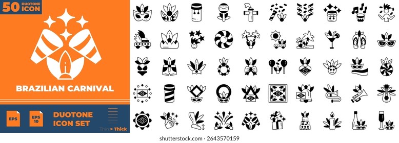 Brazilian Carnival Duotone Editable Icons set. Vector illustration in modern thin duotone style of brazilian carnival icons: flower, fireworks, confetti, etc