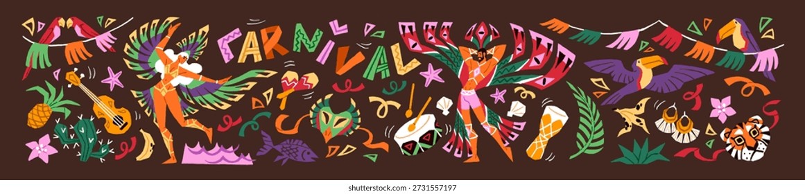 Brazilian Carnival elements set. Celebration of Latin American holiday with dancers, masks and maracas. Happy festival of Brazil. Exotic party in Brasil, Rio. Flat isolated vector illustrations