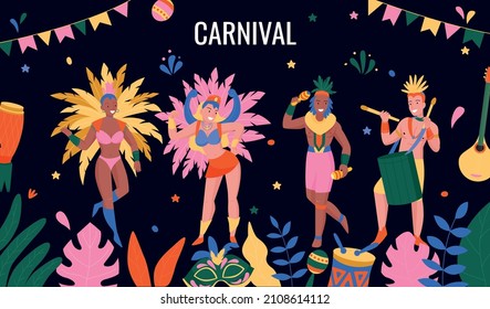 Brazilian carnival event with people in costumes dancing and playing musical instruments on black background with colorful elements flat vector illustration