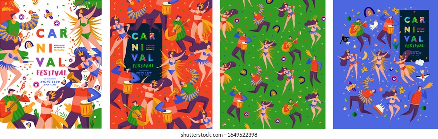 Brazilian carnival festival! Set of vector posters with dancing man and woman on carnival festival, playing musical instruments and pattern. Character drawing for banner, flyer or poster