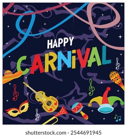 Festival de carnaval brasileño con serpentinas y confeti. Fiesta de música de samba con disfraces de payaso y máscaras de plumas. Concepto de fiesta de carnaval. Ilustración vectorial plana.