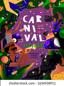 Brazilian carnival and festival! Vector abstract holiday illustration with people, dancers and musicians. Party drawing for poster, banner or background. Brazilian dance, music and rhythm
 
