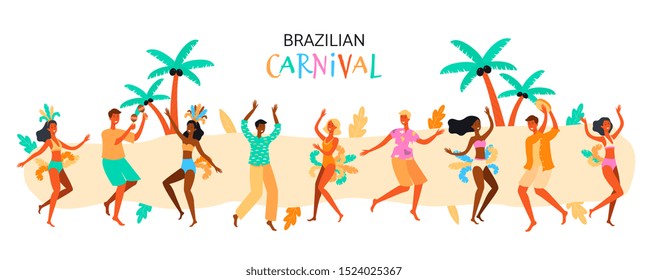Brazilian carnival - flat cartoon banner with people in feather costume and summer clothes dancing on a beach with palms, happy men and woman celebrating holiday - isolated vector illustration