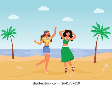 Brazilian carnival flat color vector illustration. Females in summer clothing. Holiday parade. Standing latino women 2D cartoon characters with seabeach and palms on background