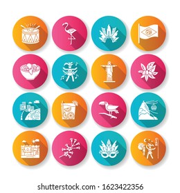 Brazilian carnival flat design long shadow glyph icons set. Street party. South America traditions. Flamingo. Jesus statue. Local culture. Sand castle on the coast. Silhouette RGB color illustration