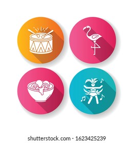 Brazilian carnival flat design long shadow glyph icons set. Traditional music. Arancini. Festive drum parade. National festival. Cheese bread. Samba. Local cuisine. Silhouette RGB color illustration