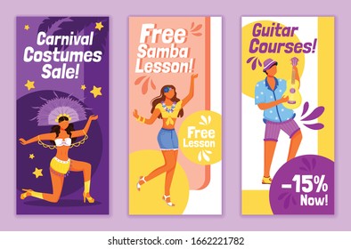 Brazilian carnival flyers flat vector templates set. Free samba lesson printable leaflet design layout. Festive costumes sale. Gitar courses advertising web vertical banner, social media stories