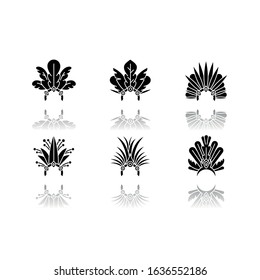 Brazilian carnival hat drop shadow black glyph icons set. Crown with plumage. Traditional headwear. Ethnic festival. National holiday. Masquerade parade. Isolated vector illustrations on white space
