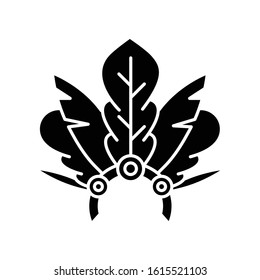Brazilian carnival headwear black glyph icon. Crown with plumage and gems. Ethnic costume. Traditional festival. Masquerade parade. Silhouette symbol on white space. Vector isolated illustration