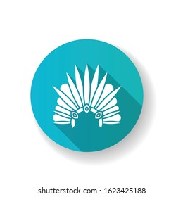 Brazilian carnival headwear blue flat design long shadow glyph icon. Crown with plumage and jewels. Traditional wear. National holiday. Masquerade parade. Silhouette RGB color illustration