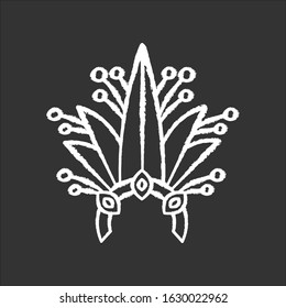 Brazilian carnival headwear chalk white icon on black background. Crown with plant leaves and jewels. Traditional wear. Ethnic festival. Masquerade parade. Isolated vector chalkboard illustration