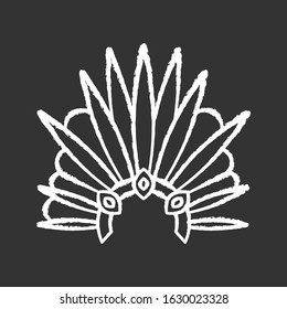 Brazilian carnival headwear chalk white icon on black background. Crown with plumage and jewels. Traditional wear. National holiday. Masquerade parade. Isolated vector chalkboard illustration