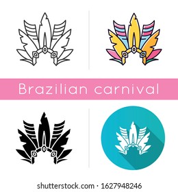 Brazilian carnival headwear icons set. Linear, black and RGB color styles. Crown with plumage. Mask. Traditional clothing. National holiday. Masquerade parade. Isolated vector illustrations