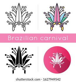 Brazilian carnival headwear icons set. Linear, black and RGB color styles. Crown with plant leaves and jewels. Traditional wear. Ethnic festival. Masquerade parade. Isolated vector illustrations