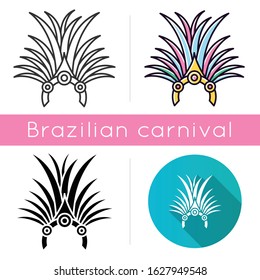 Brazilian carnival headwear icons set. Linear, black and RGB color styles. Crown with palm leaves and jewels. Ethnic festival. National holiday. Masquerade parade. Isolated vector illustrations