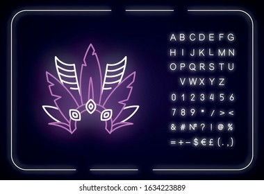 Brazilian carnival headwear neon light icon. Crown with plumage. Mask. Outer glowing effect. Sign with alphabet, numbers and symbols. Vector isolated RGB color illustration