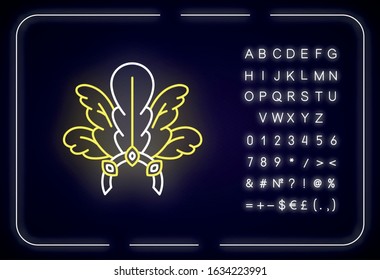 Brazilian carnival headwear neon light icon. Crown with plumage and jewels. Traditional clothing. Outer glowing effect. Sign with alphabet, numbers and symbols. Vector isolated RGB color illustration