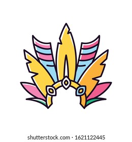 Brazilian carnival headwear orange RGB color icon. Crown with plumage. Mask. Traditional clothing. Ethnic festival. National holiday. Masquerade parade. Isolated vector illustration