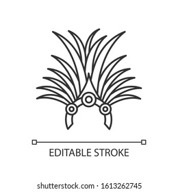 Brazilian carnival headwear pixel perfect linear icon. Crown with palm leaves and jewels. Thin line customizable illustration. Contour symbol. Vector isolated outline drawing. Editable stroke