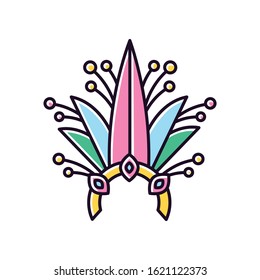 Brazilian carnival headwear yellow RGB color icon. Crown with plant leaves and jewels. Traditional wear. Ethnic festival. National holiday. Masquerade parade. Isolated vector illustration