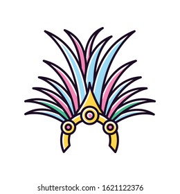 Brazilian carnival headwear yellow RGB color icon. Crown with palm leaves and jewels. Traditional wear. Ethnic festival. National holiday. Masquerade parade. Isolated vector illustration