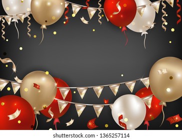 Brazilian Carnival horizontal banner with colorful balloons, flags garlands,serpentine. Celebration background for Mardi Gras party, ,masquerade events, parades. Vector illustration.